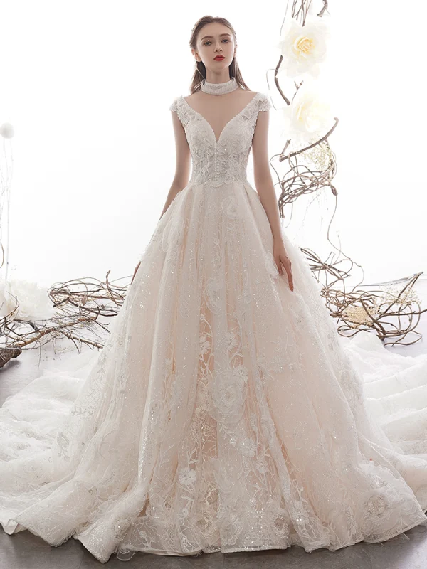 High-end Champagne Wedding Dresses 2019 A-Line / Princess V-Neck Sleeveless Backless Appliques Lace Beading Glitter Tulle Chapel Train Ruffle