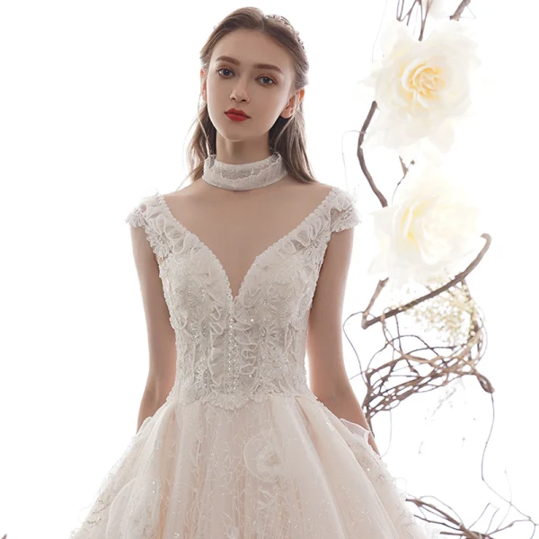 High-end Champagne Wedding Dresses 2019 A-Line / Princess V-Neck Sleeveless Backless Appliques Lace Beading Glitter Tulle Chapel Train Ruffle