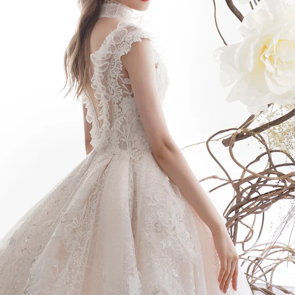 High-end Champagne Wedding Dresses 2019 A-Line / Princess V-Neck Sleeveless Backless Appliques Lace Beading Glitter Tulle Chapel Train Ruffle