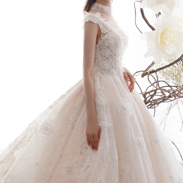 High-end Champagne Wedding Dresses 2019 A-Line / Princess V-Neck Sleeveless Backless Appliques Lace Beading Glitter Tulle Chapel Train Ruffle