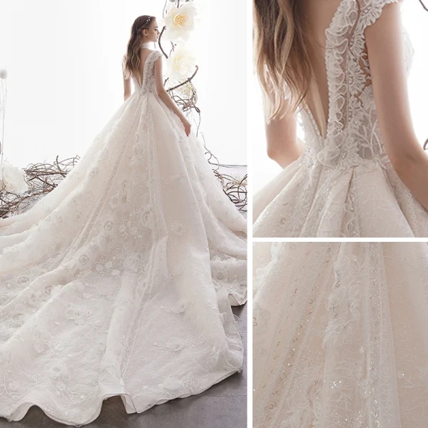 High-end Champagne Wedding Dresses 2019 A-Line / Princess V-Neck Sleeveless Backless Appliques Lace Beading Glitter Tulle Chapel Train Ruffle