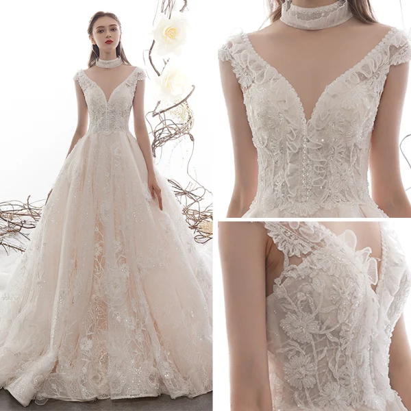 High-end Champagne Wedding Dresses 2019 A-Line / Princess V-Neck Sleeveless Backless Appliques Lace Beading Glitter Tulle Chapel Train Ruffle