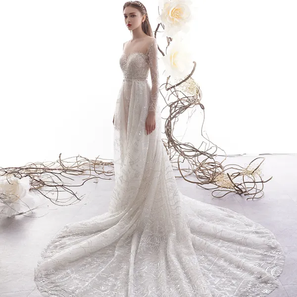 High-end Charming Champagne See-through Wedding Dresses 2019 Trumpet / Mermaid Scoop Neck Long Sleeve Backless Beading Detachable Court Train
