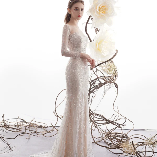 High-end Charming Champagne See-through Wedding Dresses 2019 Trumpet / Mermaid Scoop Neck Long Sleeve Backless Beading Detachable Court Train