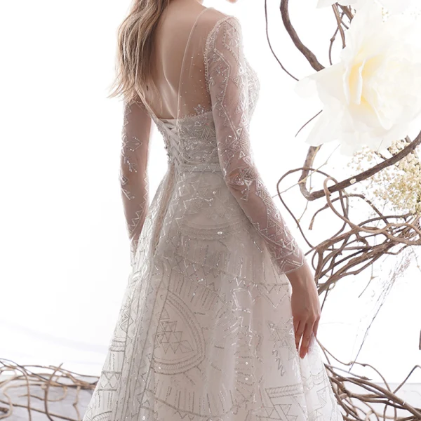 High-end Charming Champagne See-through Wedding Dresses 2019 Trumpet / Mermaid Scoop Neck Long Sleeve Backless Beading Detachable Court Train