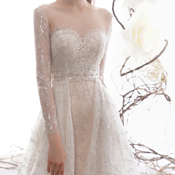 High-end Charming Champagne See-through Wedding Dresses 2019 Trumpet / Mermaid Scoop Neck Long Sleeve Backless Beading Detachable Court Train