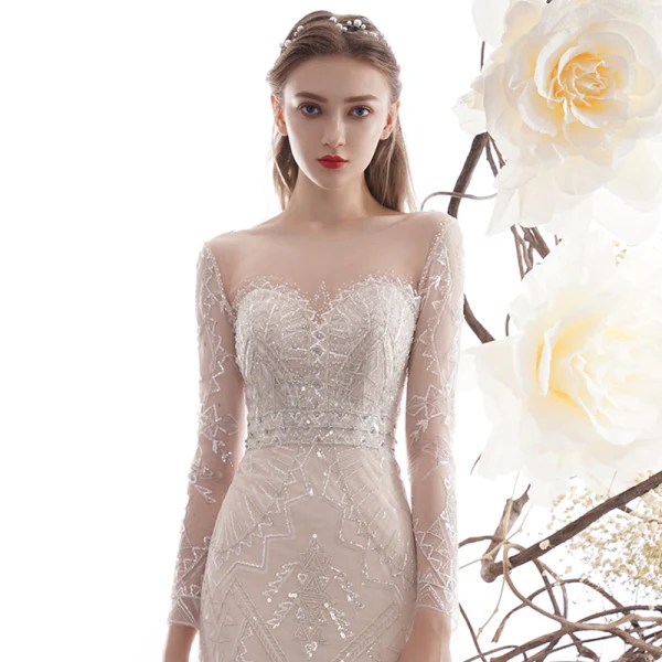 High-end Charming Champagne See-through Wedding Dresses 2019 Trumpet / Mermaid Scoop Neck Long Sleeve Backless Beading Detachable Court Train
