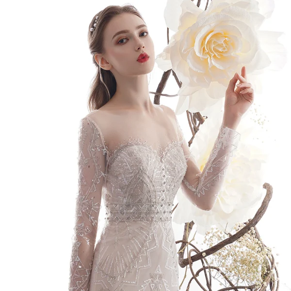 High-end Charming Champagne See-through Wedding Dresses 2019 Trumpet / Mermaid Scoop Neck Long Sleeve Backless Beading Detachable Court Train
