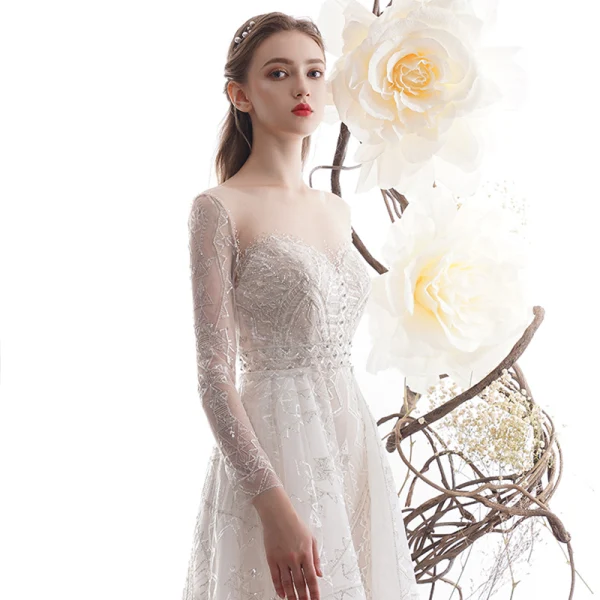 High-end Charming Champagne See-through Wedding Dresses 2019 Trumpet / Mermaid Scoop Neck Long Sleeve Backless Beading Detachable Court Train