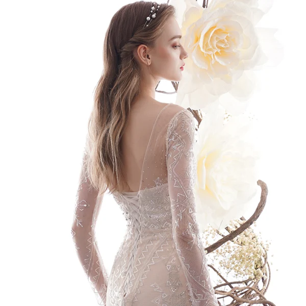 High-end Charming Champagne See-through Wedding Dresses 2019 Trumpet / Mermaid Scoop Neck Long Sleeve Backless Beading Detachable Court Train