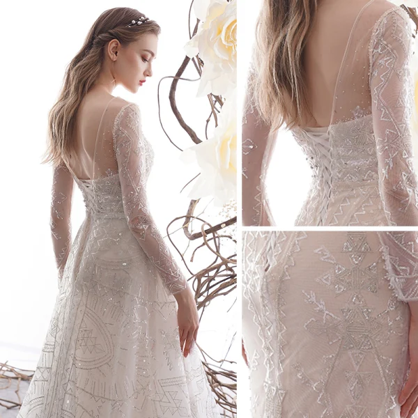 High-end Charming Champagne See-through Wedding Dresses 2019 Trumpet / Mermaid Scoop Neck Long Sleeve Backless Beading Detachable Court Train