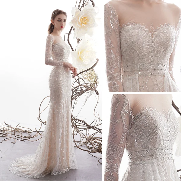 High-end Charming Champagne See-through Wedding Dresses 2019 Trumpet / Mermaid Scoop Neck Long Sleeve Backless Beading Detachable Court Train