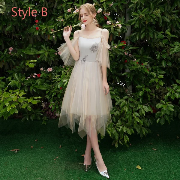 Elegant Champagne Grey Bridesmaid Dresses 2019 A-Line / Princess Backless Appliques Lace Beading Knee-Length Ruffle Wedding Party Dresses