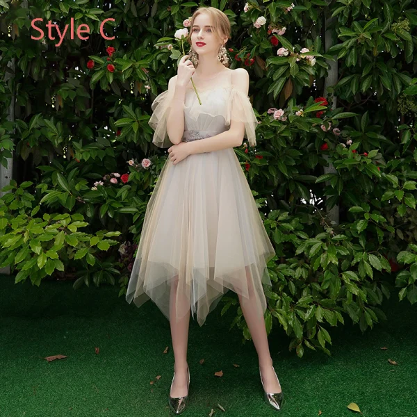 Elegant Champagne Grey Bridesmaid Dresses 2019 A-Line / Princess Backless Appliques Lace Beading Knee-Length Ruffle Wedding Party Dresses