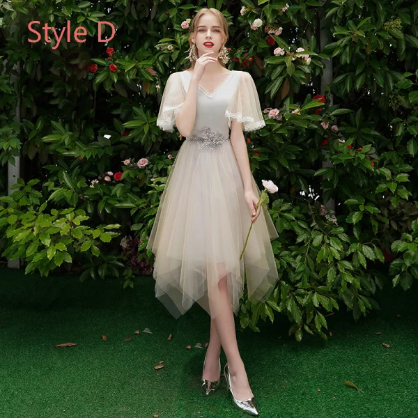 Elegant Champagne Grey Bridesmaid Dresses 2019 A-Line / Princess Backless Appliques Lace Beading Knee-Length Ruffle Wedding Party Dresses Elegant Champagne Grey Bridesmaid Dresses 2019 A-Line / Princess Backless Appliques Lace Beading Knee-Length Ruffle Wedding Party Dresses