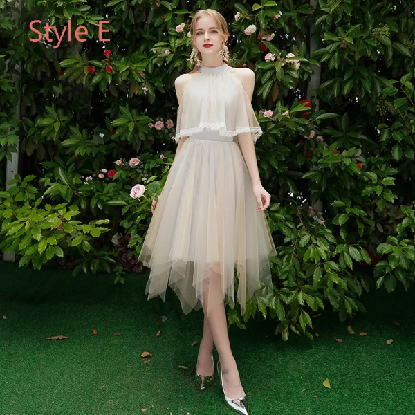 Elegant Champagne Grey Bridesmaid Dresses 2019 A-Line / Princess Backless Appliques Lace Beading Knee-Length Ruffle Wedding Party Dresses