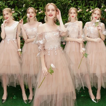 Moderne Mode Perle Rose Robe Demoiselle D Honneur 2019 Princesse Appliques En Dentelle Thé Longueur Volants En Cascade Dos Nu Robe Pour Mariage
