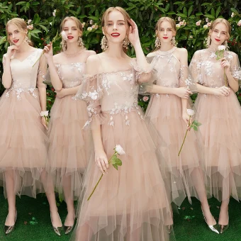 Mode Pearl Rosa Brautjungfernkleider 2019 A Linie Applikationen Spitze Wadenlang Fallende Rüsche Rückenfreies Kleider Für Hochzeit