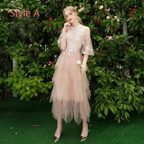 Modern / Fashion Pearl Pink Bridesmaid Dresses 2019 A-Line / Princess Appliques Lace Tea-length Cascading Ruffles Backless Wedding Party Dresses