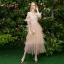 Modern / Fashion Pearl Pink Bridesmaid Dresses 2019 A-Line / Princess Appliques Lace Tea-length Cascading Ruffles Backless Wedding Party Dresses