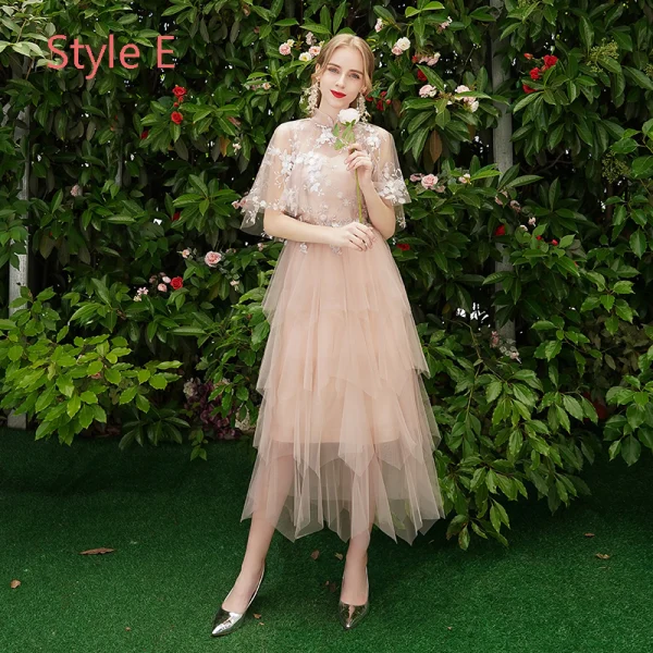 Modern / Fashion Pearl Pink Bridesmaid Dresses 2019 A-Line / Princess Appliques Lace Tea-length Cascading Ruffles Backless Wedding Party Dresses