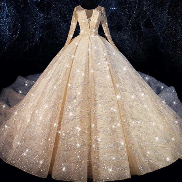 Bling Bling Champagne See-through Wedding Dresses 2019 Ball Gown Scoop Neck Long Sleeve Backless Beading Glitter Tulle Royal Train Ruffle