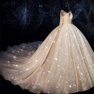 Bling Bling Champagne See Through Wedding Dresses 2019 Ball Gown Scoop Neck Long Sleeve Backless Beading Glitter Tulle Royal Train Ruffle