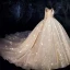 Bling Bling Champagne See-through Wedding Dresses 2019 Ball Gown Scoop Neck Long Sleeve Backless Beading Glitter Tulle Royal Train Ruffle