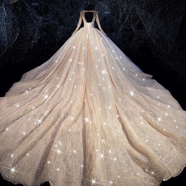 Bling Bling Champagne See-through Wedding Dresses 2019 Ball Gown Scoop Neck Long Sleeve Backless Beading Glitter Tulle Royal Train Ruffle