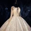 Bling Bling Champagne See-through Wedding Dresses 2019 Ball Gown Scoop Neck Long Sleeve Backless Beading Glitter Tulle Royal Train Ruffle