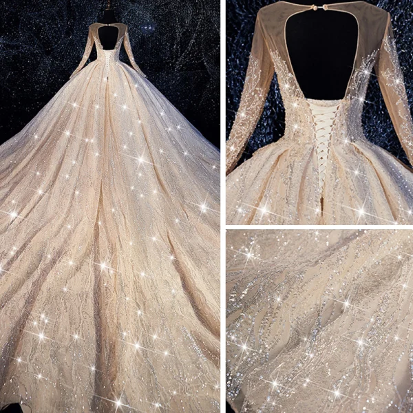 Bling Bling Champagne See-through Wedding Dresses 2019 Ball Gown Scoop Neck Long Sleeve Backless Beading Glitter Tulle Royal Train Ruffle