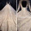 Bling Bling Champagne See-through Wedding Dresses 2019 Ball Gown Scoop Neck Long Sleeve Backless Beading Glitter Tulle Royal Train Ruffle