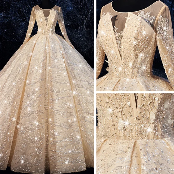 Bling Bling Champagne See-through Wedding Dresses 2019 Ball Gown Scoop Neck Long Sleeve Backless Beading Glitter Tulle Royal Train Ruffle