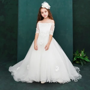 Chic Beautiful White Flower Girl Dresses 2019 A Line Princess Off The Shoulder 1 2 Sleeves Appliques Lace Beading Sweep Train Ruffle Backless Wedding Party Dresses