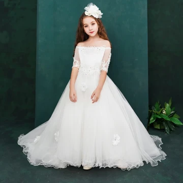 Chic Beautiful White Flower Girl Dresses 2019 A Line Princess Off The Shoulder 1 2 Sleeves Appliques Lace Beading Sweep Train Ruffle Backless Wedding Party Dresses