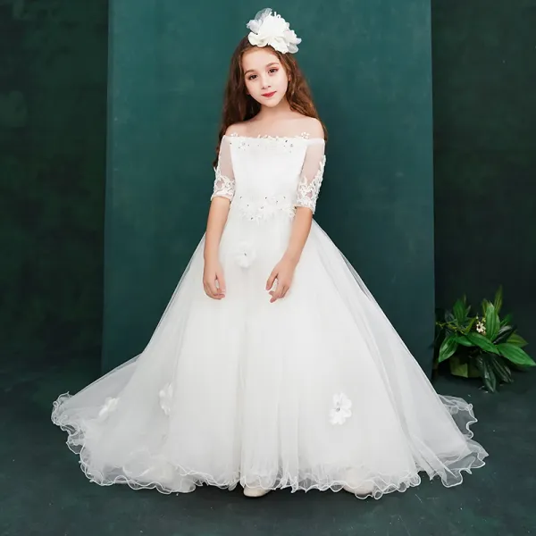 Chic / Beautiful White Flower Girl Dresses 2019 A-Line / Princess Off ...