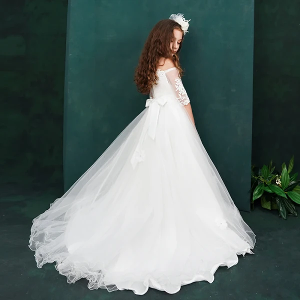 Chic / Beautiful White Flower Girl Dresses 2019 A-Line / Princess Off-The-Shoulder 1/2 Sleeves Appliques Lace Beading Sweep Train Ruffle Backless Wedding Party Dresses