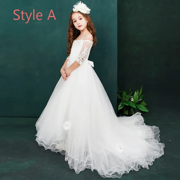 Chic / Beautiful White Flower Girl Dresses 2019 A-Line / Princess Off-The-Shoulder 1/2 Sleeves Appliques Lace Beading Sweep Train Ruffle Backless Wedding Party Dresses