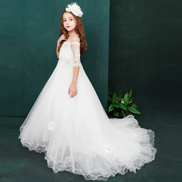 Chic / Beautiful White Flower Girl Dresses 2019 A-Line / Princess Off-The-Shoulder 1/2 Sleeves Appliques Lace Beading Sweep Train Ruffle Backless Wedding Party Dresses
