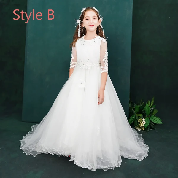 Chic / Beautiful White Flower Girl Dresses 2019 A-Line / Princess Off-The-Shoulder 1/2 Sleeves Appliques Lace Beading Sweep Train Ruffle Backless Wedding Party Dresses