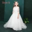 Chic / Beautiful White Flower Girl Dresses 2019 A-Line / Princess Off-The-Shoulder 1/2 Sleeves Appliques Lace Beading Sweep Train Ruffle Backless Wedding Party Dresses