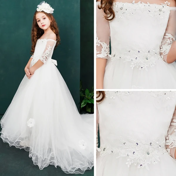 Chic / Beautiful White Flower Girl Dresses 2019 A-Line / Princess Off-The-Shoulder 1/2 Sleeves Appliques Lace Beading Sweep Train Ruffle Backless Wedding Party Dresses