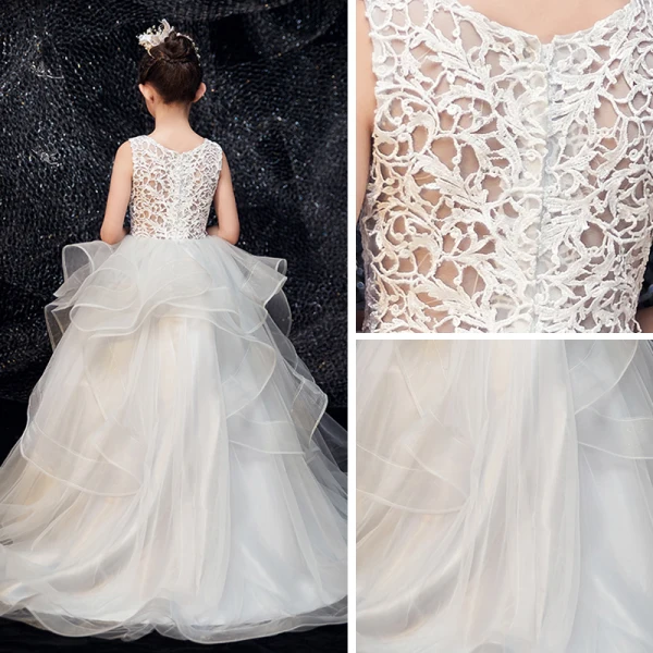 Meilleur Gris Dentelle Percé Robe Ceremonie Fille 2019 Robe Boule Encolure Dégagée Sans Manches Train De Balayage Volants en Cascade Robe Pour Mariage