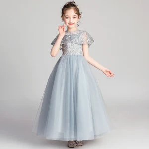 Chic Belle Gris Robe Ceremonie Fille 2019 Princesse Encolure Dégagée Manches Courtes Appliques En Dentelle Perlage Perle Faux Diamant Longue Volants Robe Pour Mariage