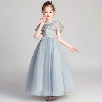 Chic Belle Gris Robe Ceremonie Fille 2019 Princesse Encolure Dégagée Manches Courtes Appliques En Dentelle Perlage Perle Faux Diamant Longue Volants Robe Pour Mariage