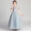 Chic / Beautiful Grey Flower Girl Dresses 2019 A-Line / Princess Scoop Neck Short Sleeve Appliques Lace Beading Pearl Rhinestone Floor-Length / Long Ruffle Wedding Party Dresses
