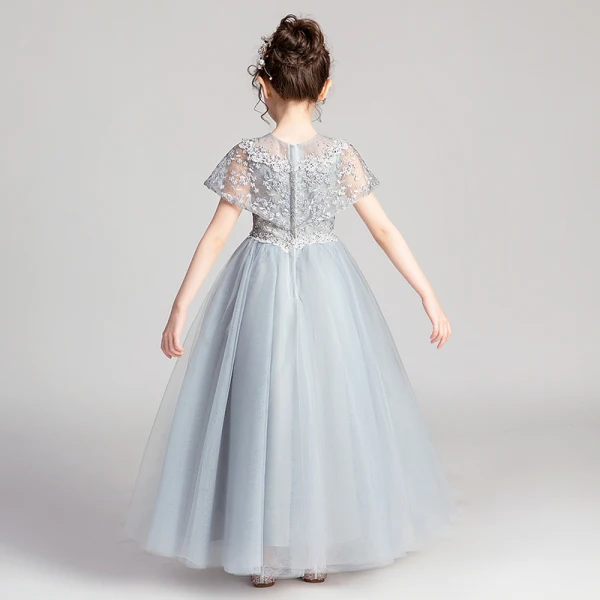 Chic / Beautiful Grey Flower Girl Dresses 2019 A-Line / Princess Scoop Neck Short Sleeve Appliques Lace Beading Pearl Rhinestone Floor-Length / Long Ruffle Wedding Party Dresses