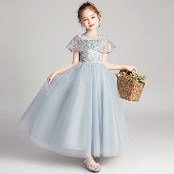Chic / Beautiful Grey Flower Girl Dresses 2019 A-Line / Princess Scoop Neck Short Sleeve Appliques Lace Beading Pearl Rhinestone Floor-Length / Long Ruffle Wedding Party Dresses