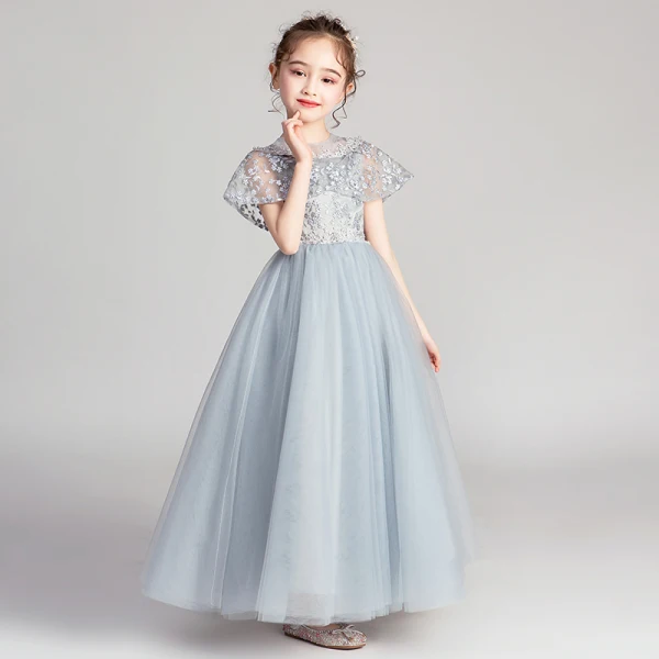 Chic / Beautiful Grey Flower Girl Dresses 2019 A-Line / Princess Scoop Neck Short Sleeve Appliques Lace Beading Pearl Rhinestone Floor-Length / Long Ruffle Wedding Party Dresses