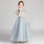 Chic / Beautiful Grey Flower Girl Dresses 2019 A-Line / Princess Scoop Neck Short Sleeve Appliques Lace Beading Pearl Rhinestone Floor-Length / Long Ruffle Wedding Party Dresses